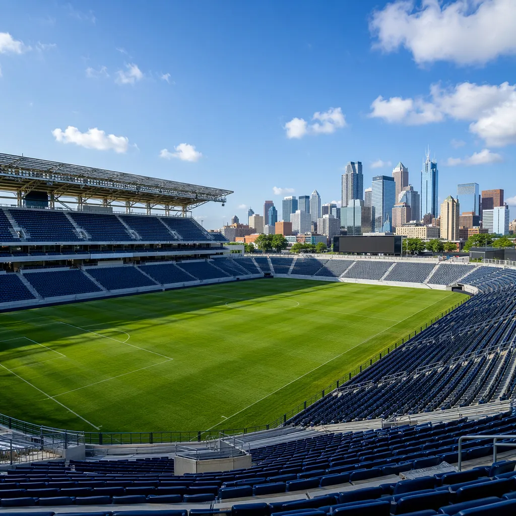 Wide shot of an empty modern football stadium in a US city, green grass pitch, c