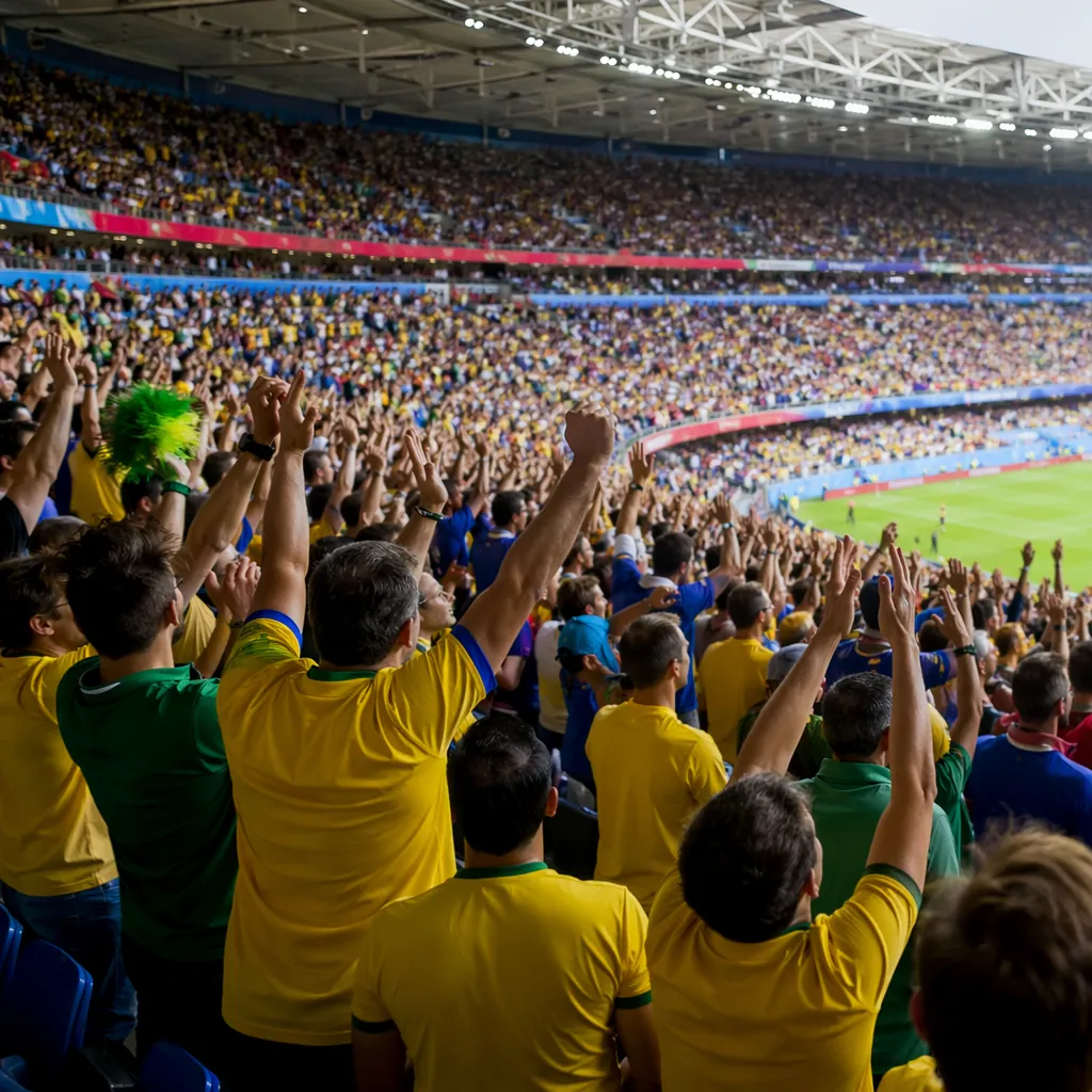 Wide shot of a World Cup stadium stand with cheering fans wearing generic unbran