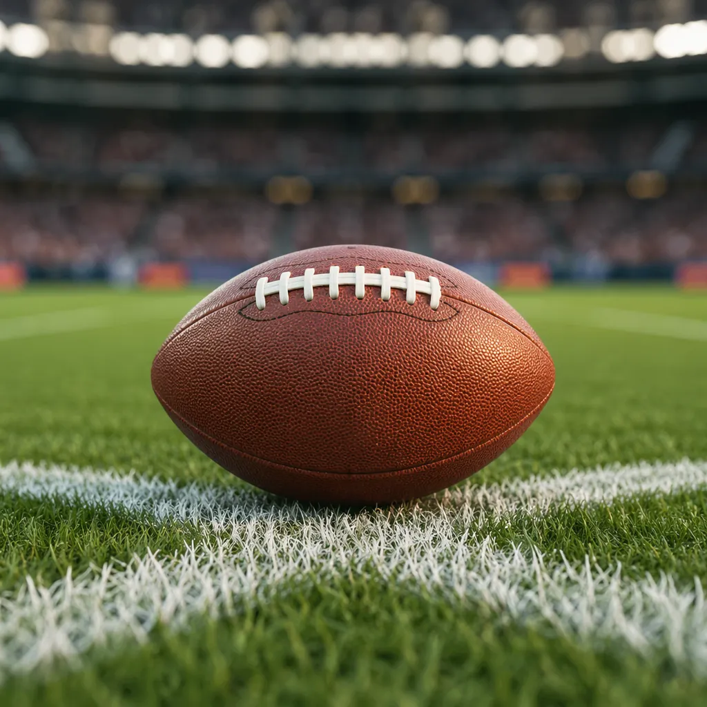 Close-up of a generic football on the center spot of a green pitch, blurred stad