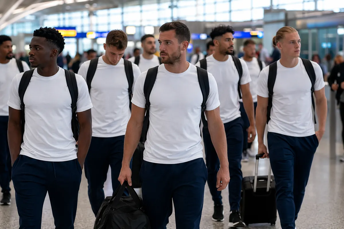 Wide shot of a generic men's national football team wearing unbranded white jerseys walkin
