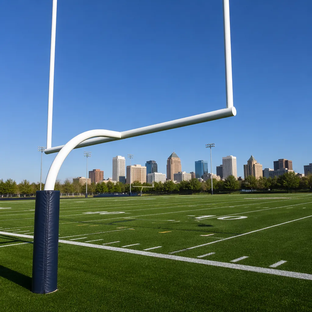 A generic football training pitch in a North American city, empty goalposts in t