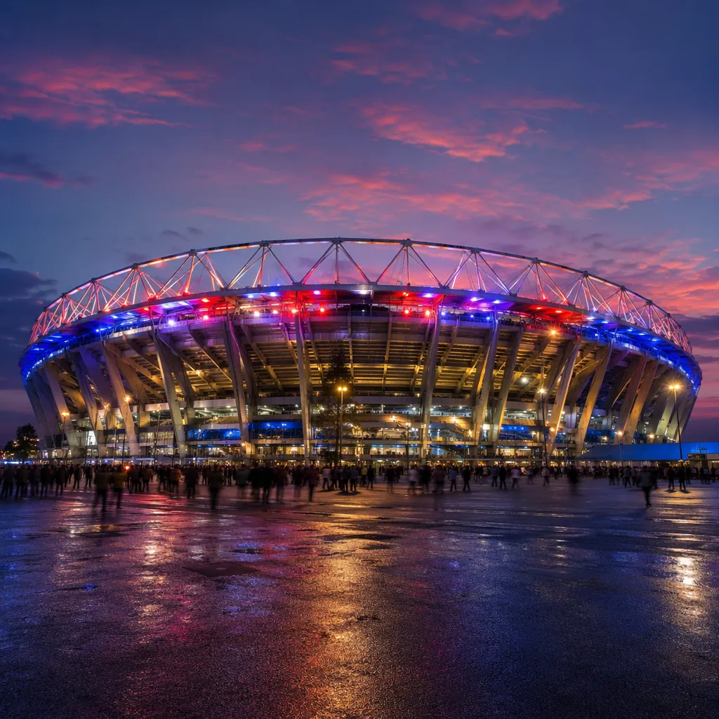 Wide shot of a generic large football stadium exterior at dusk, colorful stadium