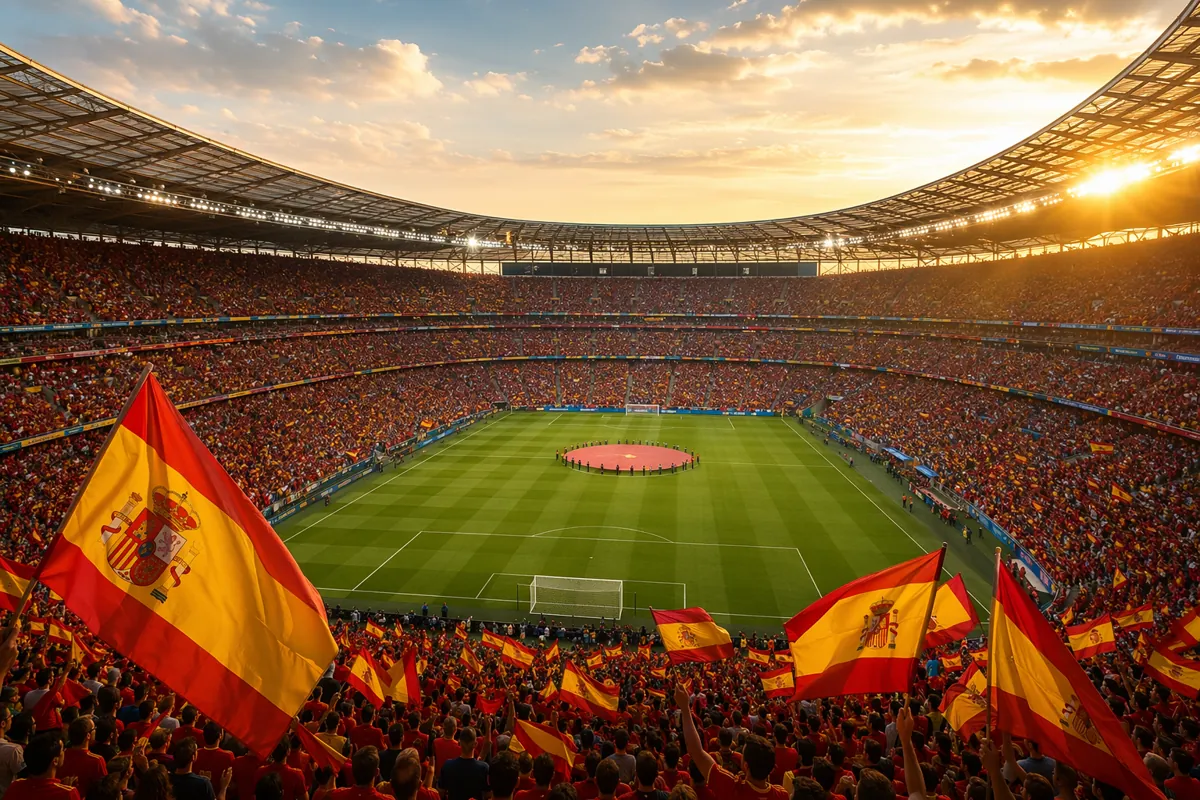 Wide shot of a packed World Cup football stadium before kickoff, with Spanish national fla