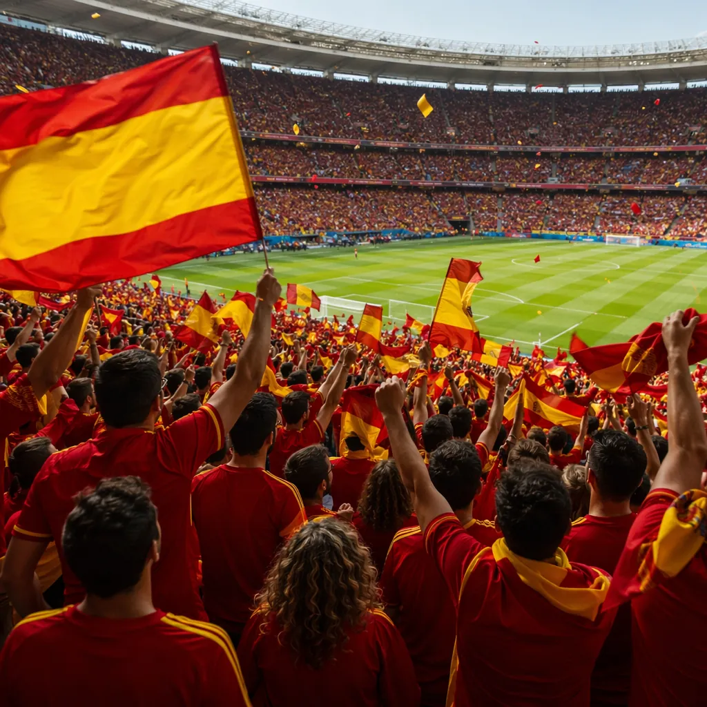 Wide shot of Spanish football fans wearing red jerseys celebrating in the stadiu
