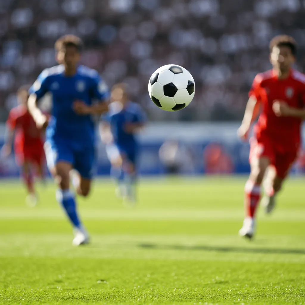 action shot of a soccer match in progress, blurred players running on the pitch,