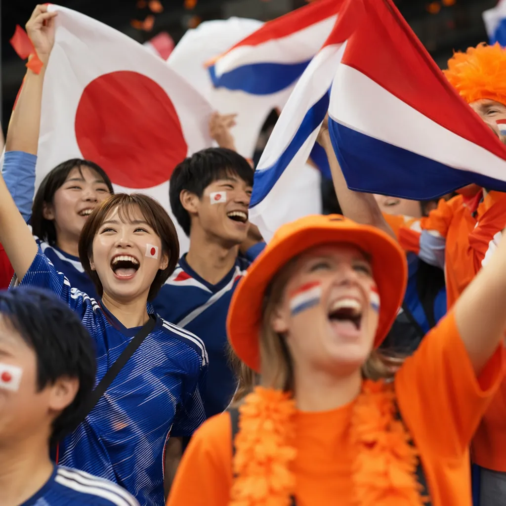 close up of soccer fans celebrating in the stands, waving flags of Japan and Net