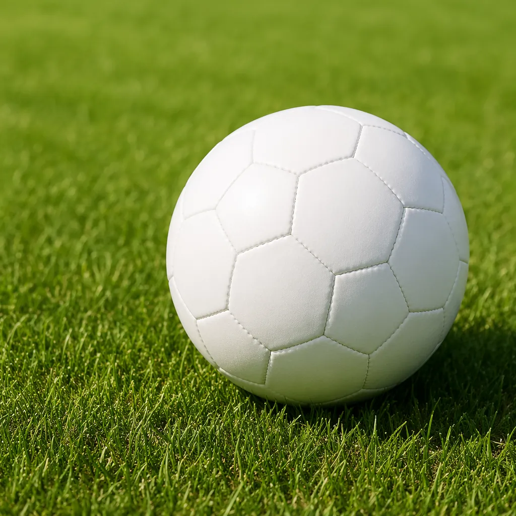 Close-up shot of a pristine football pitch with a standard white match ball rest