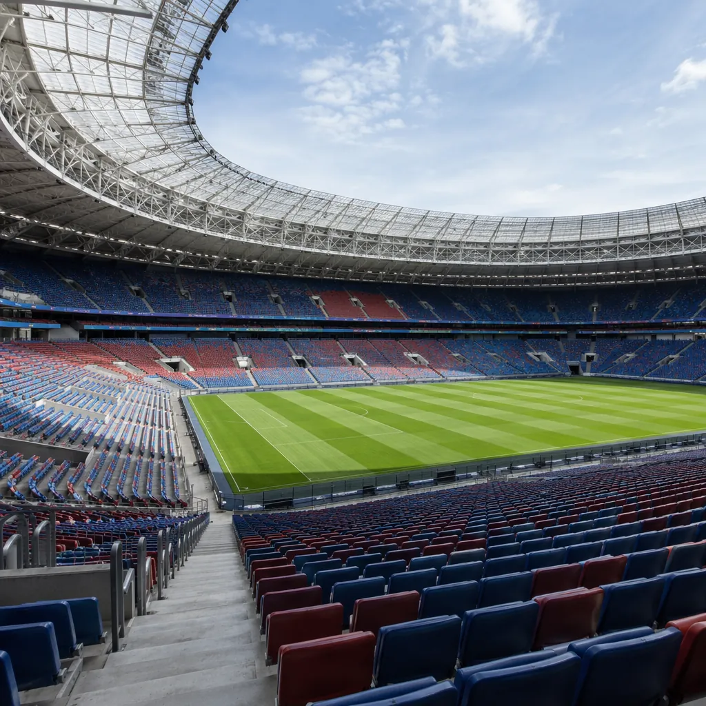 Background shot of a modern World Cup stadium interior with empty seats, blue an