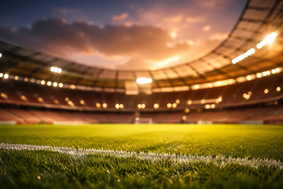 Professional sports news header background, blurred dusk view of a modern football stadium
