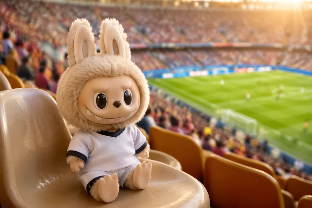 A cute small stylized rabbit figurine (Labubu) wearing a mini plain football jersey placed