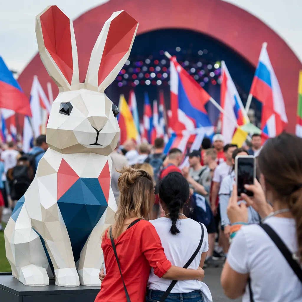Fans taking photos with a large stylized rabbit installation in front of a World