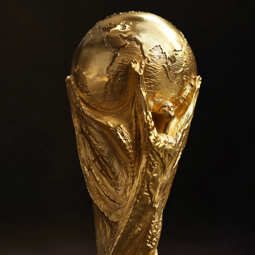 Close up of golden football world cup trophy on a dark background, soft lighting