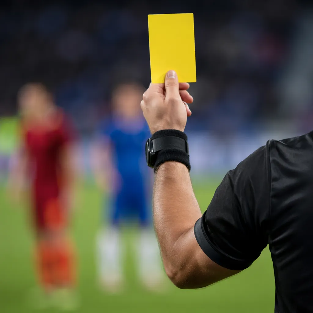 Close up of a referee holding a yellow card on a soccer pitch, blurred players i