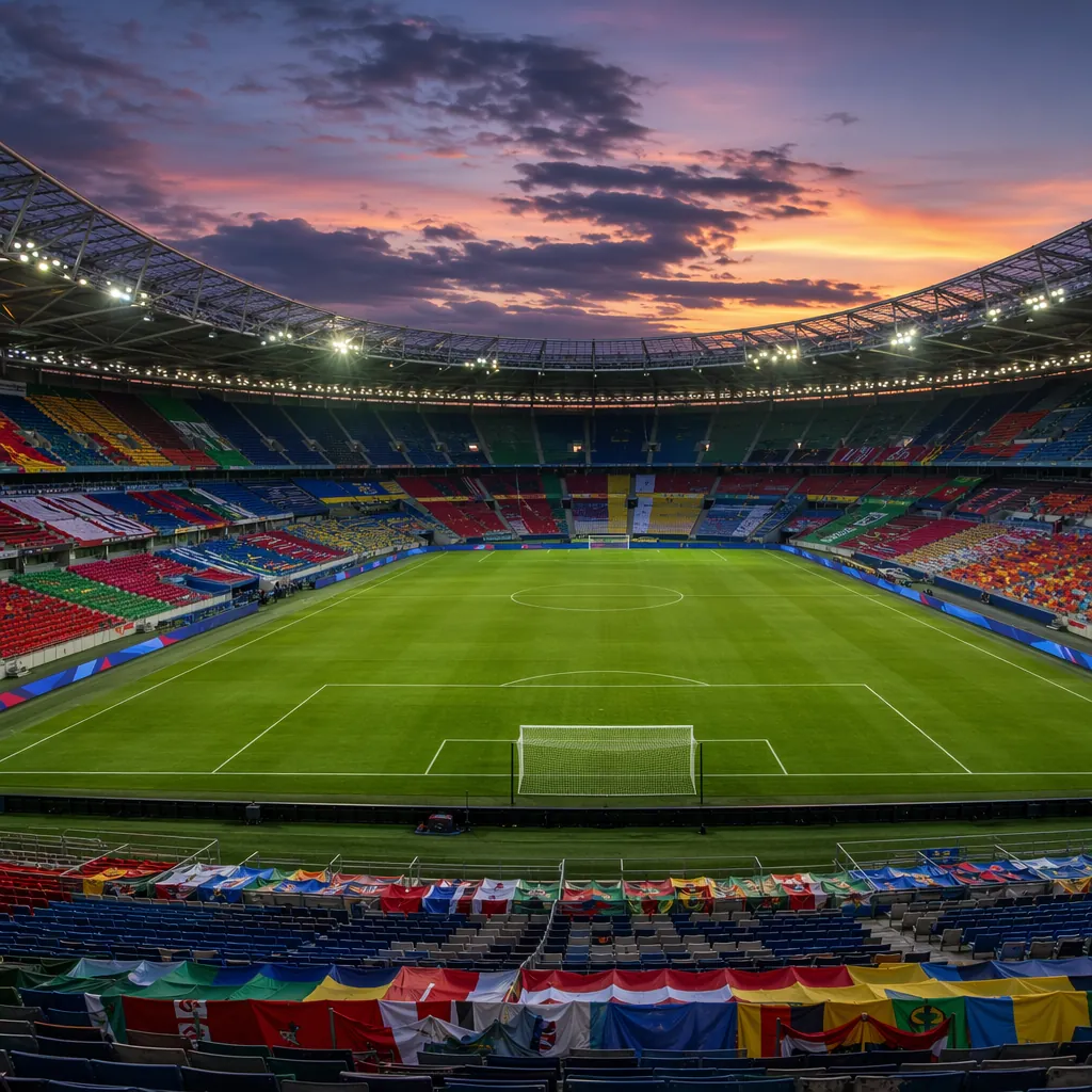 Wide shot of a modern world cup football stadium at dusk, empty seats with color
