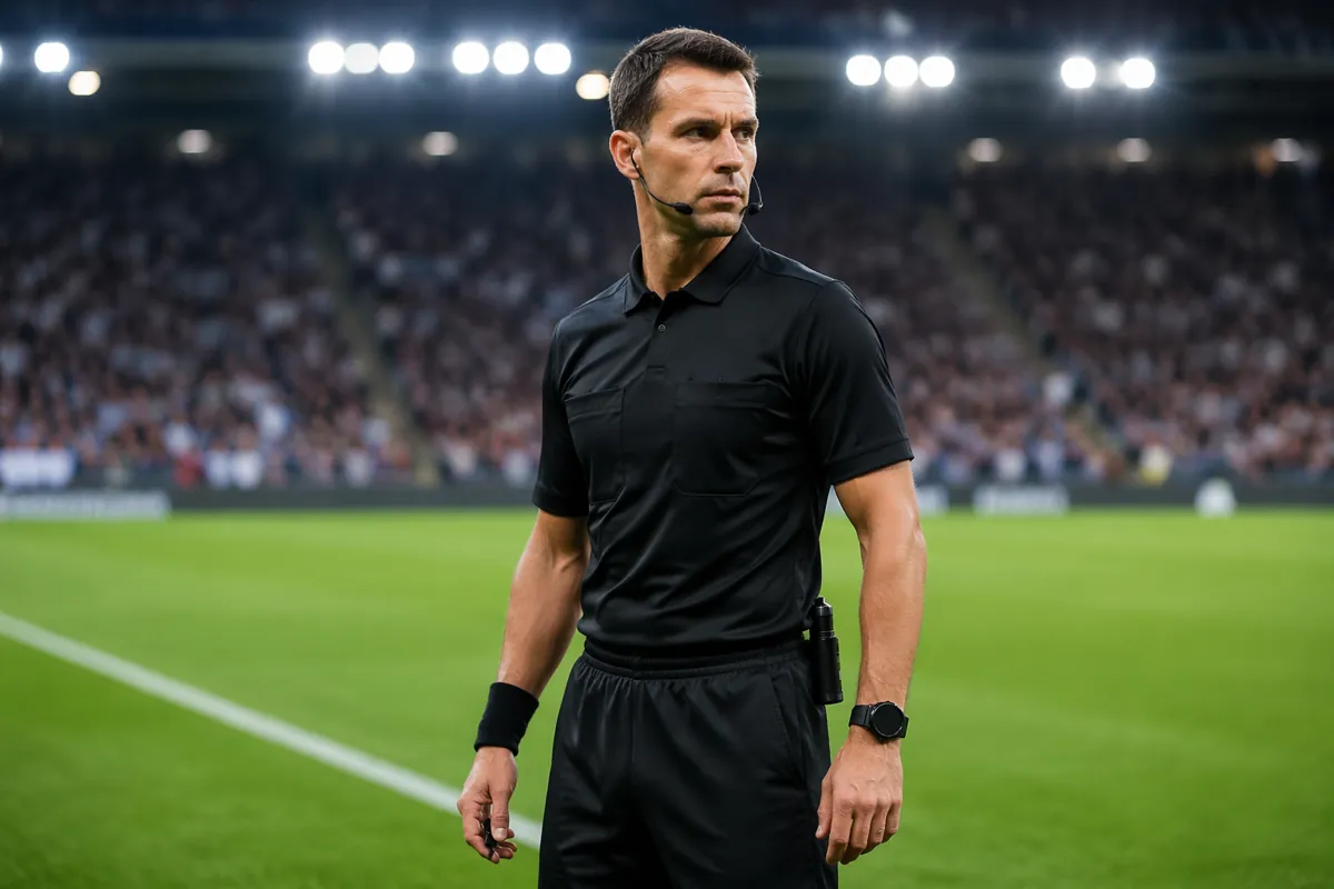Professional soccer referee in black uniform standing on a green football pitch, bright st