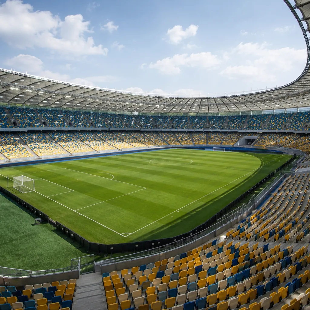 Empty modern football stadium with green pitch and colorful seats, sunny day, no