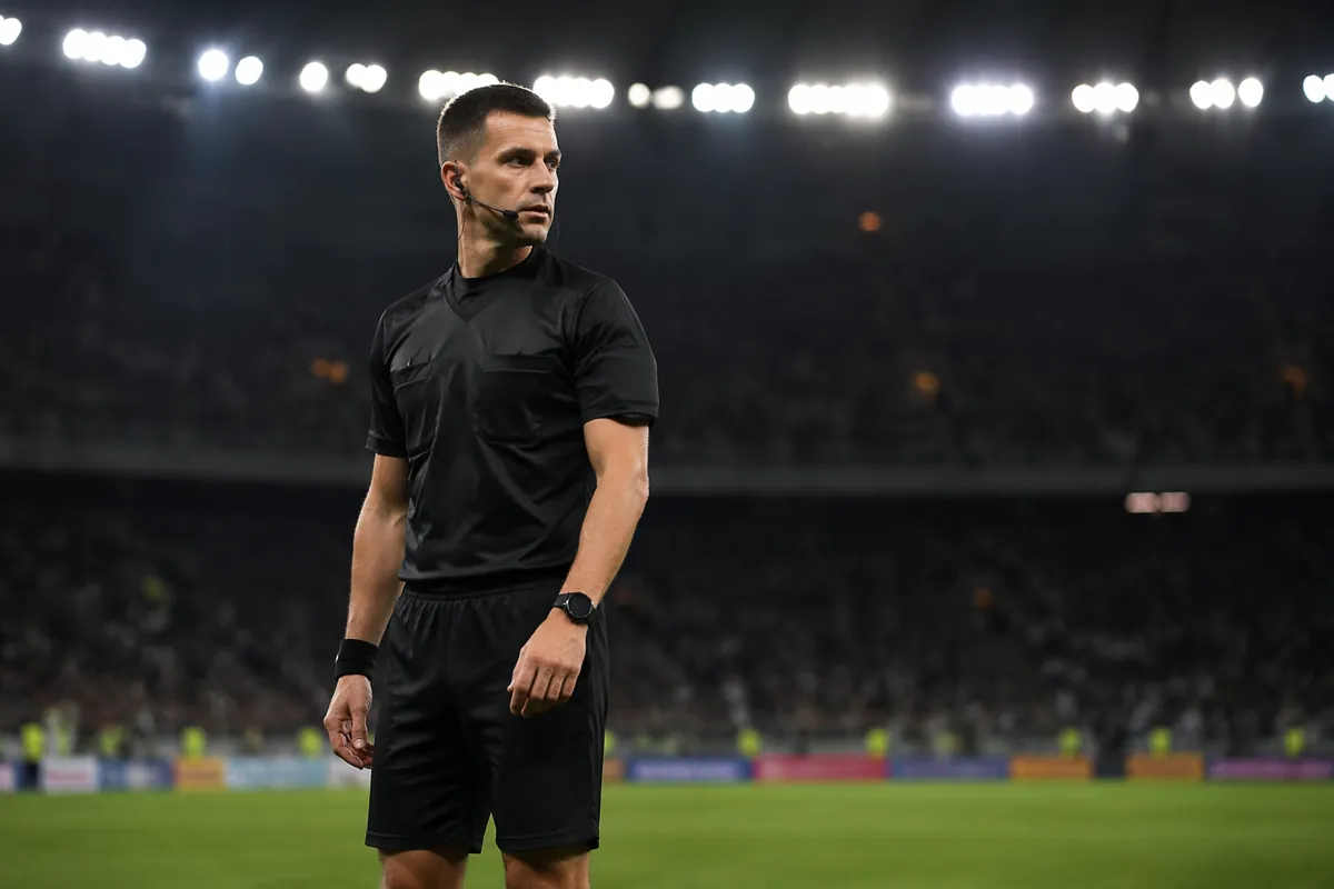 Professional soccer referee wearing black uniform standing on green football pitch, bright