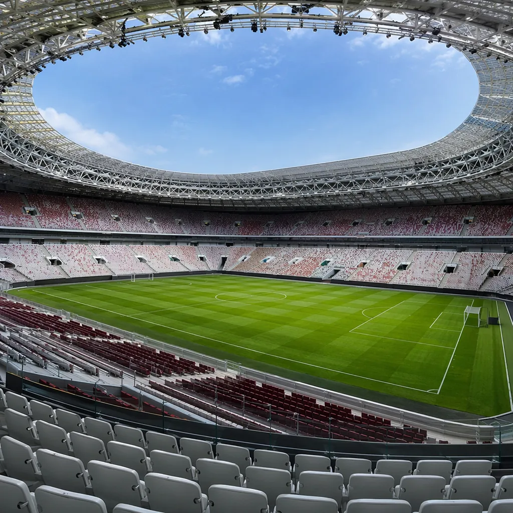 Wide shot of modern world cup football stadium with green pitch, empty seats bef