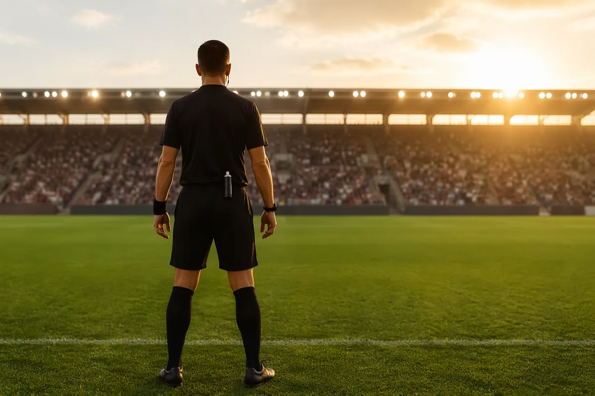 Professional football referee standing on a well-maintained green pitch, facing the distan