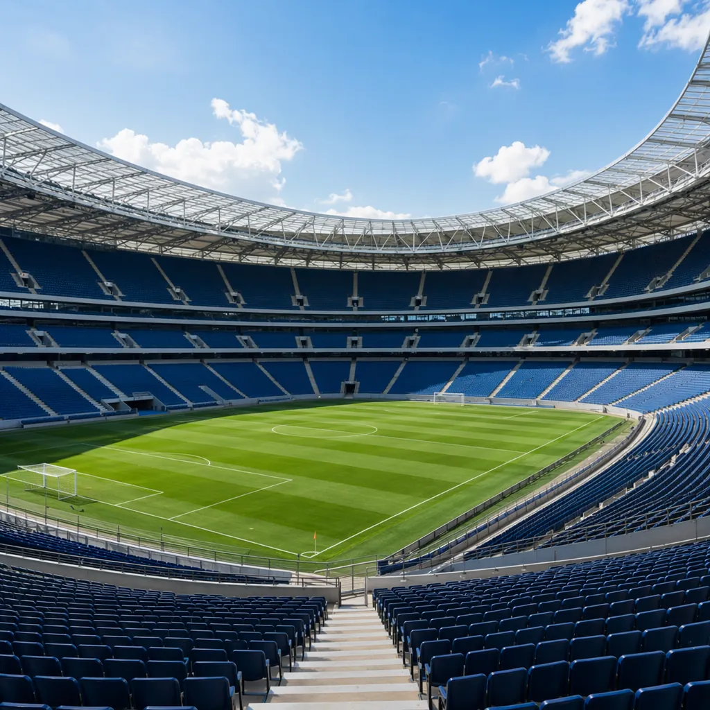 Wide shot of a modern large-capacity football stadium with empty spectator seats