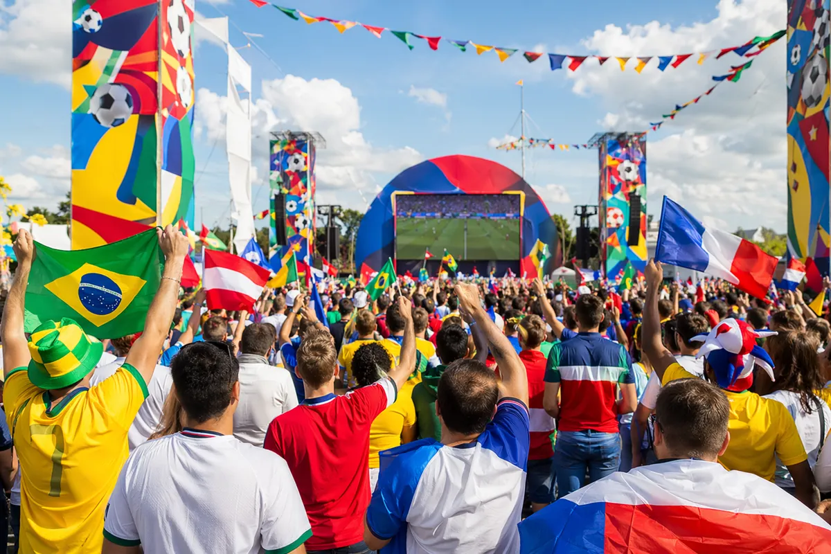 Wide shot of a vibrant World Cup fan zone with colorful decorations, cheering fans in gene