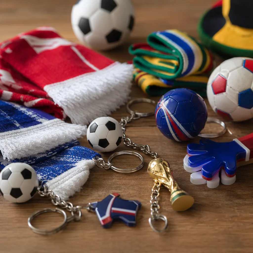Close up of generic World Cup souvenir items like keychains, scarves, mini footb