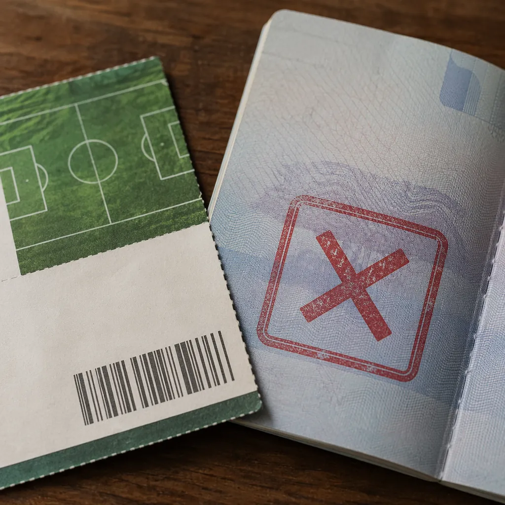 Close up shot of a generic paper football match ticket and a denied visa stamp o