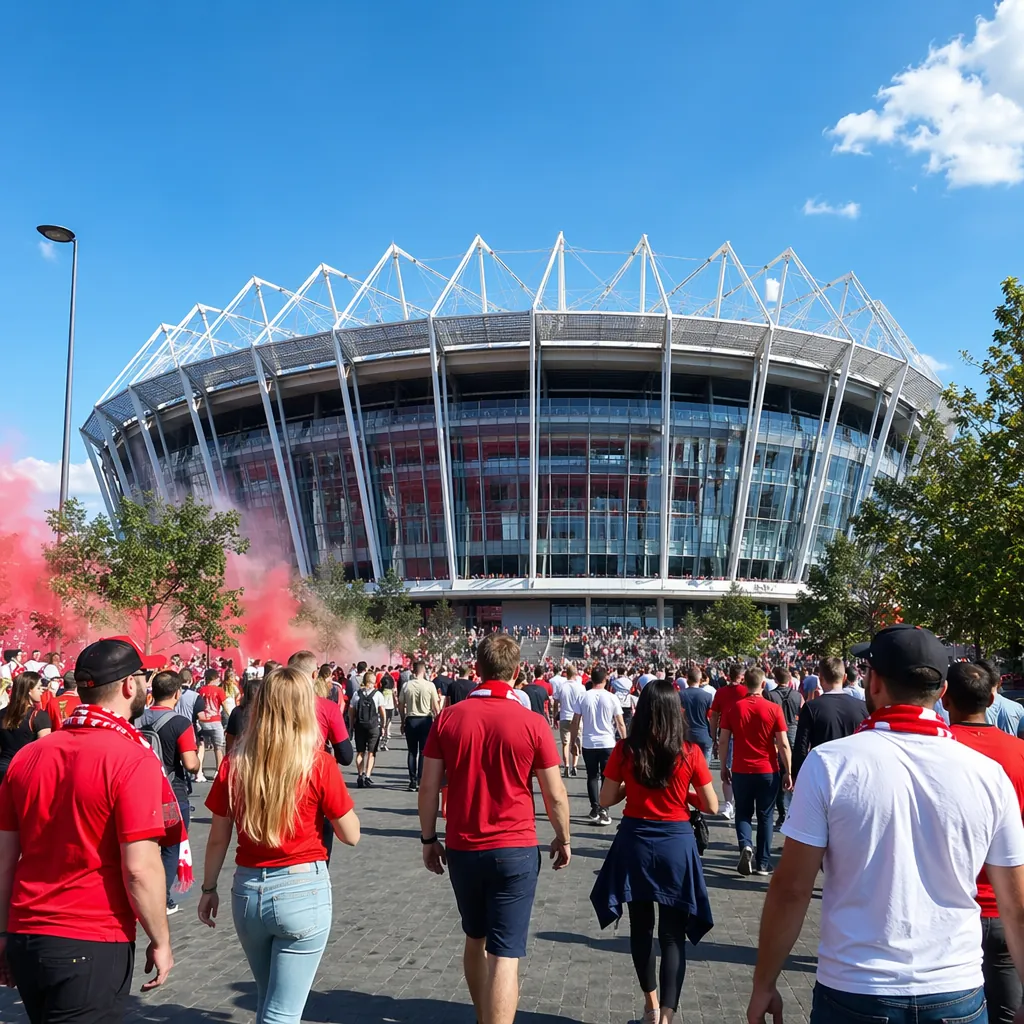 Wide view of a modern football stadium exterior with fans walking towards the en