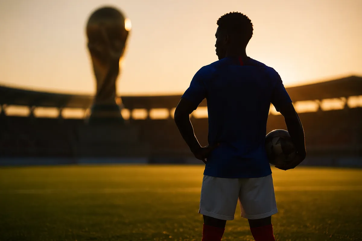 Silhouette of a football player wearing France national team color jersey standing on a gr