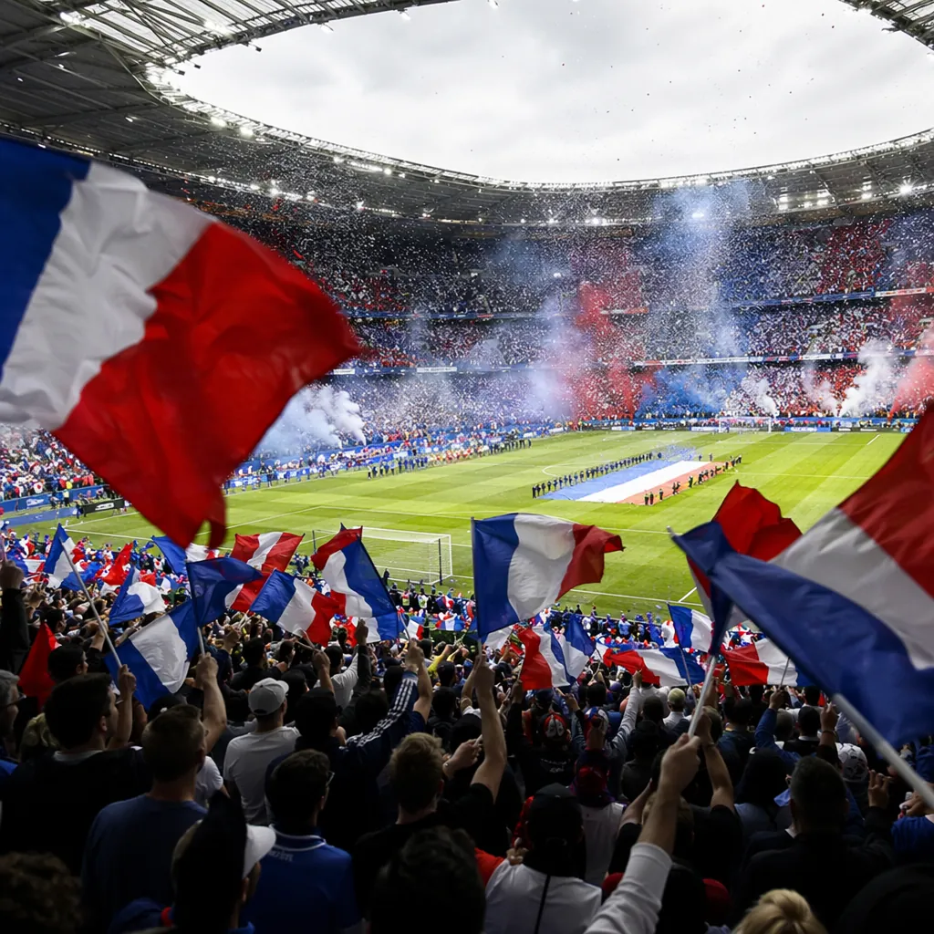 Wide shot of a packed football stadium with fans waving blue, white and red flag