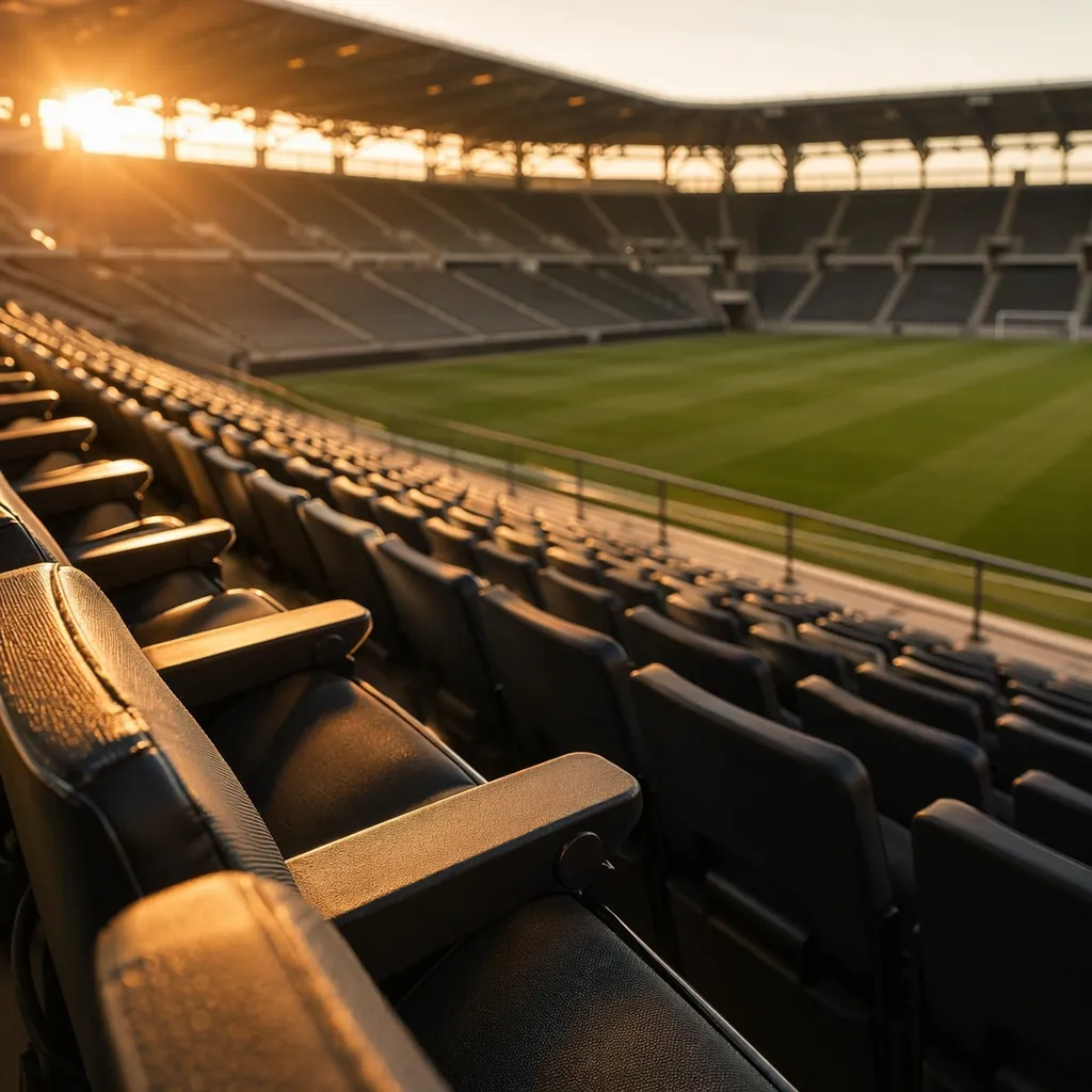 Close up of empty premium stadium seating with a clear view of the football pitc