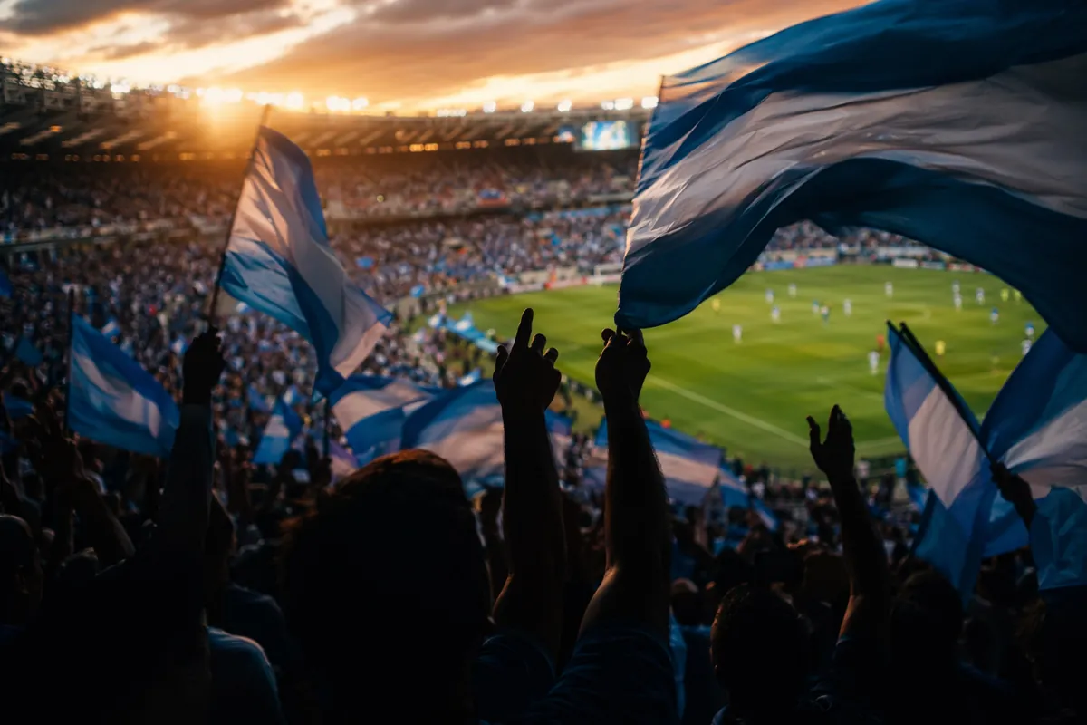 Photojournalistic shot of a packed football stadium at dusk, golden light spilling over th