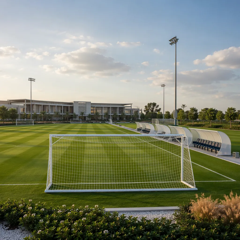Wide shot of a modern World Cup training ground, lush green grass, empty goalpos