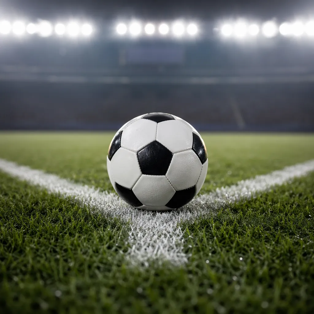 Close up of a football sitting on the penalty spot, crisp white pitch lines visi