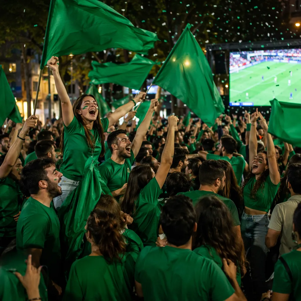 Wide shot of soccer fans celebrating in a public viewing area, wearing green shi