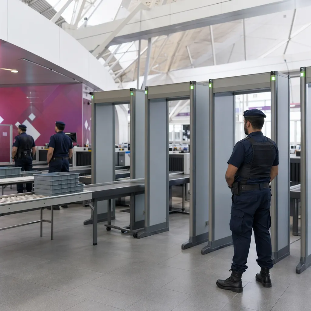 Empty World Cup security checkpoint with metal detectors and uniformed police of