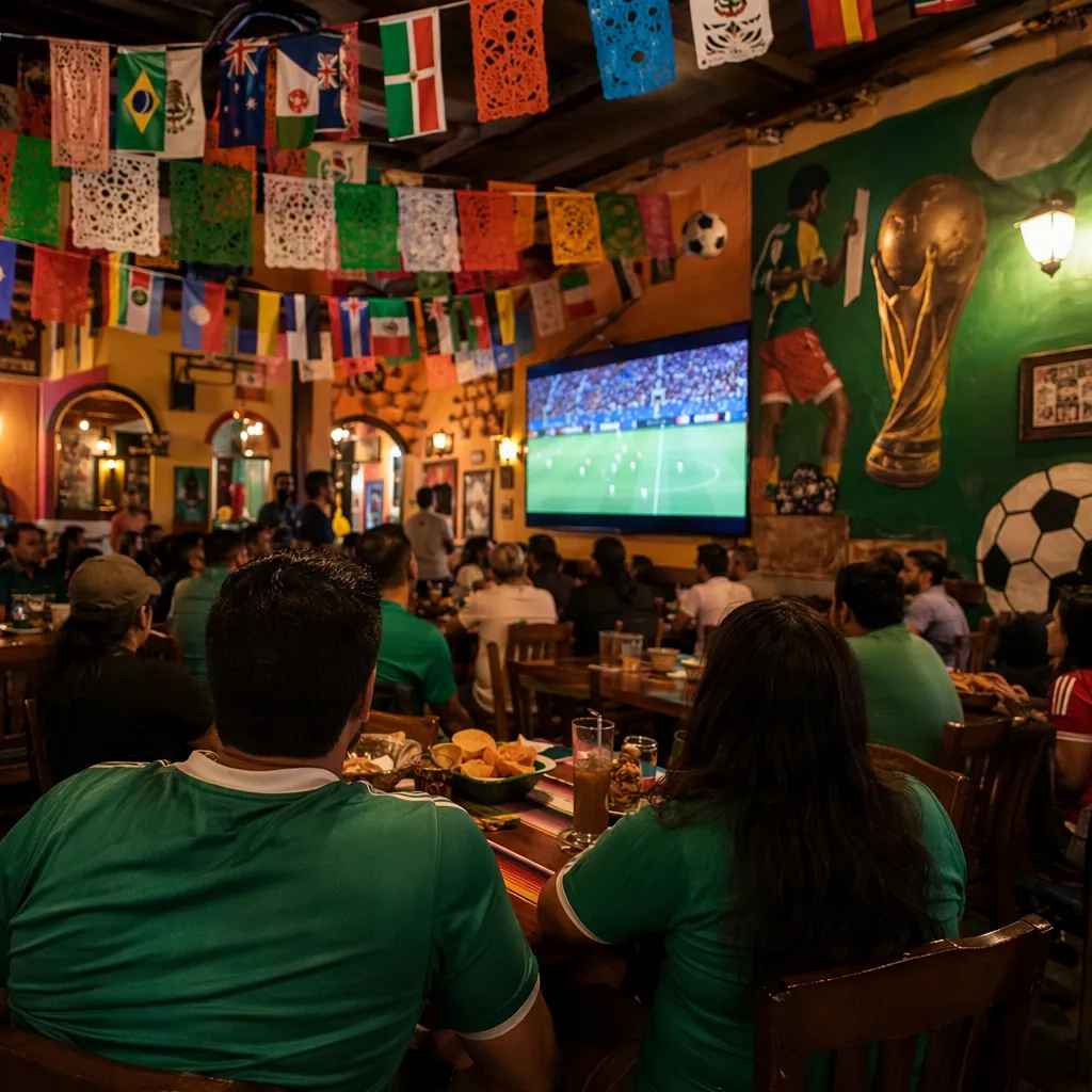 Interior of a casual World Cup themed restaurant in Mexico, football decorations