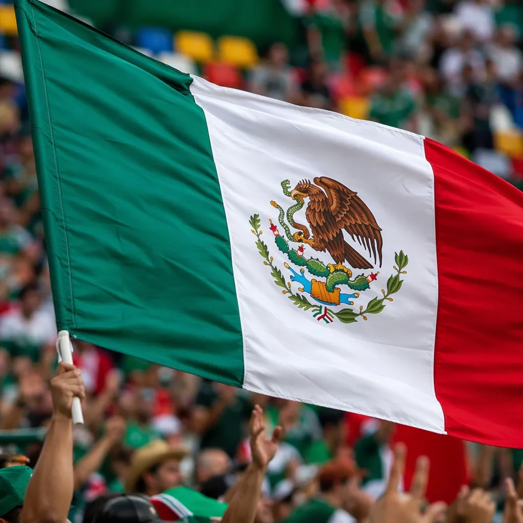 Close up of Mexican national flag being waved by cheering fans in stadium stands