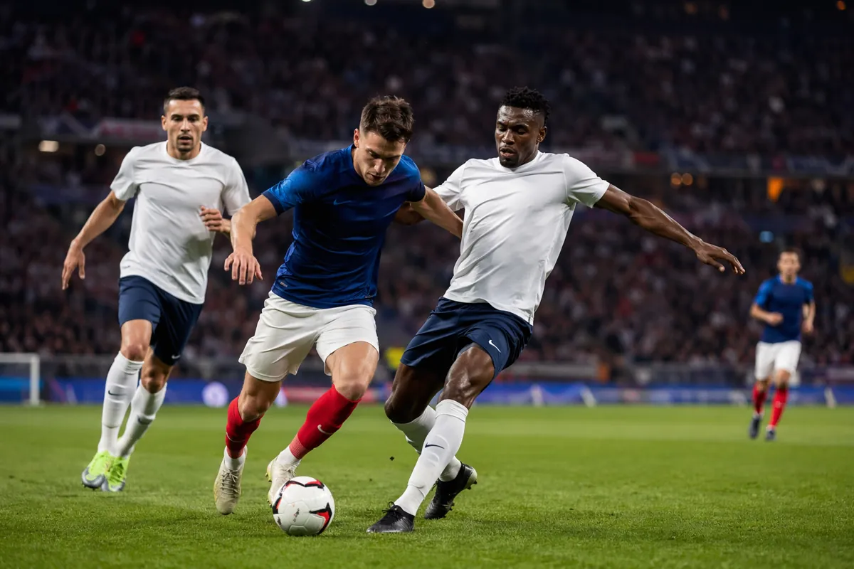 Professional sports photography, pre-World Cup friendly match atmosphere, two teams of foo
