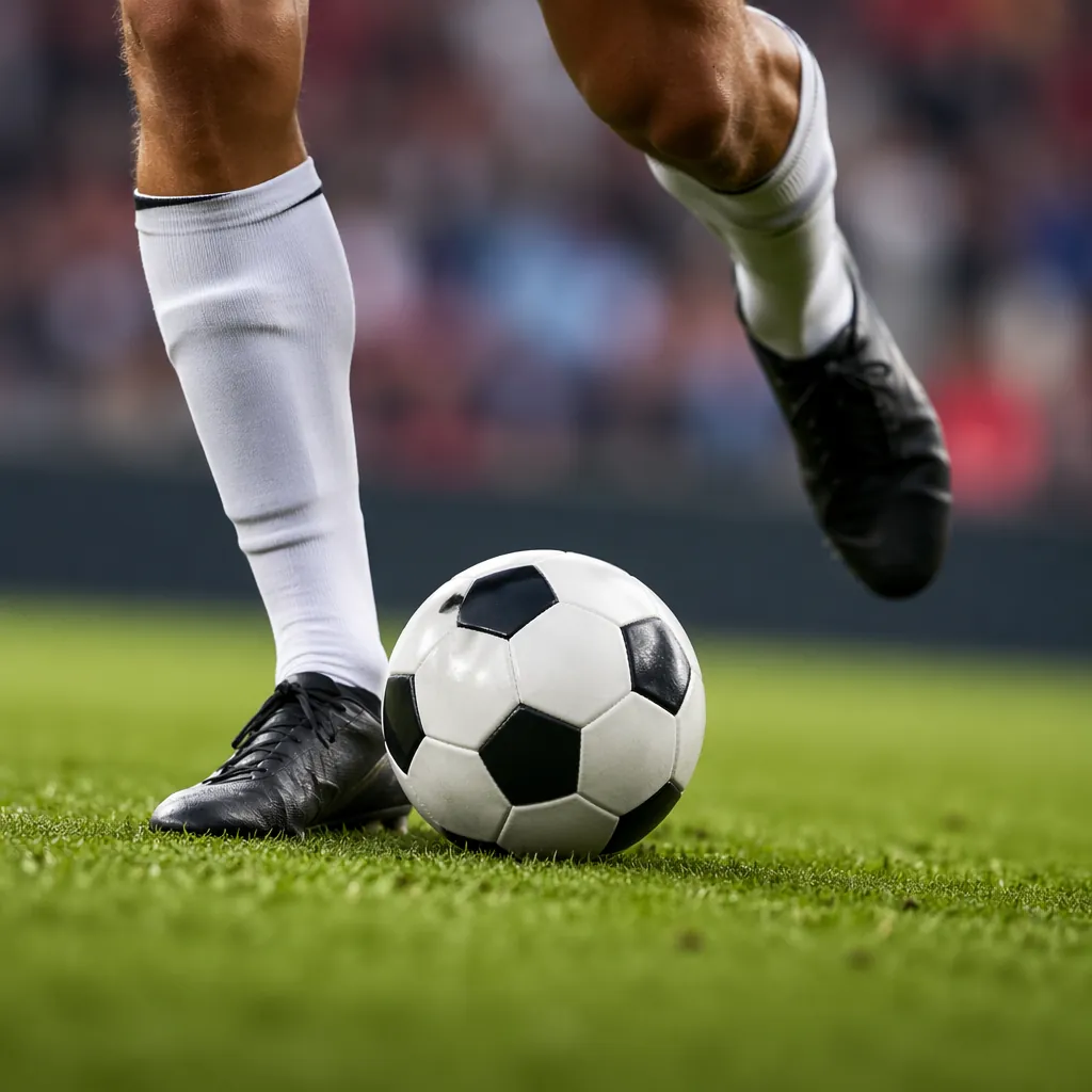 Close-up shot of a generic football player's feet dribbling a football on green