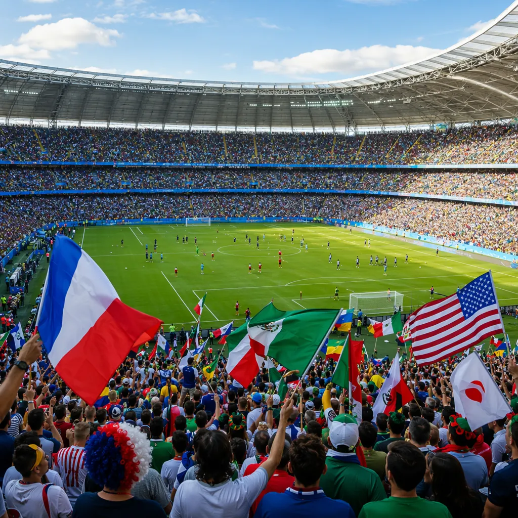 Wide shot of a packed modern football stadium during a warm-up match before the
