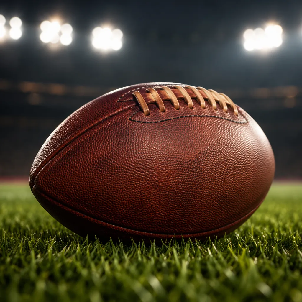 Close-up shot of a classic leather football resting on well-maintained green gra