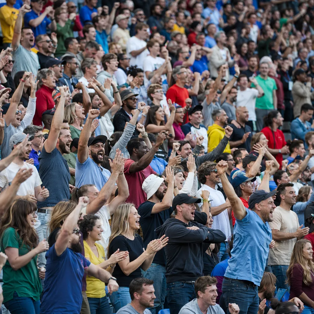 Wide shot of generic football fans cheering in stadium stands, wearing casual co
