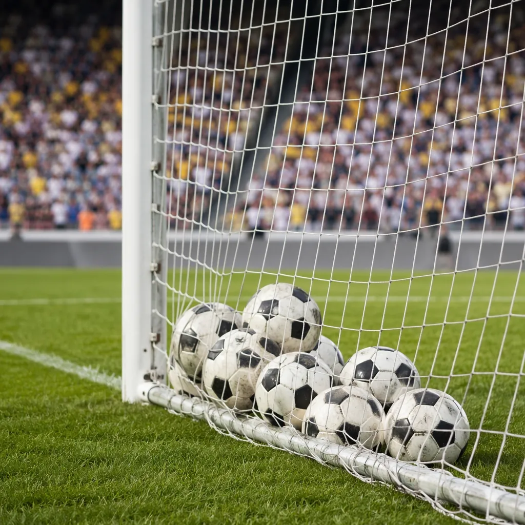 Photorealistic image of a soccer goal net with multiple soccer balls inside, blu