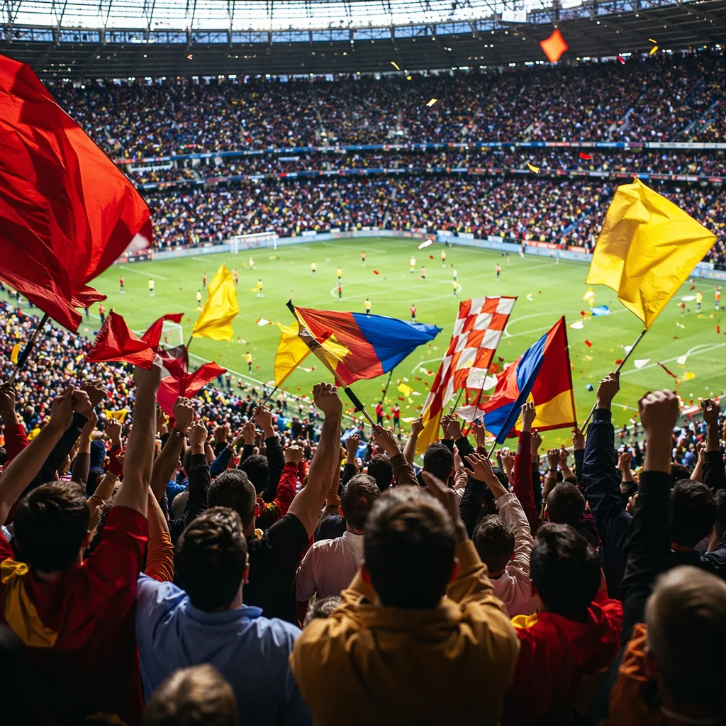 Wide shot of football fans cheering in the stands during a match, colorful banne