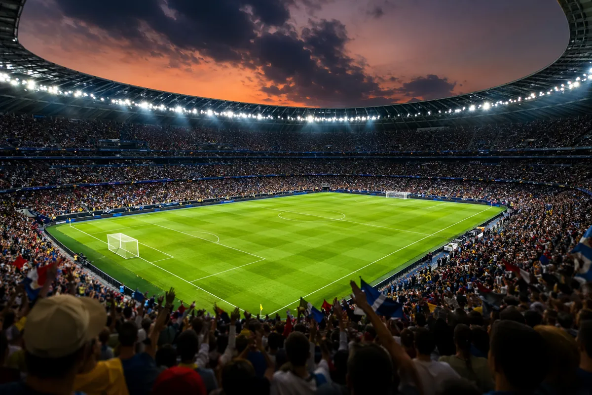 Wide shot of a professional soccer stadium at dusk, bright floodlights illuminating the gr
