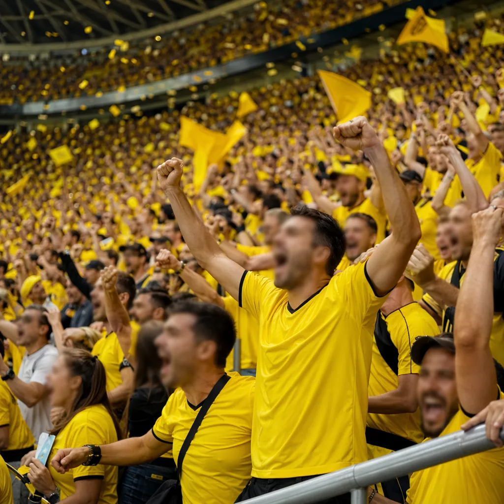 Wide shot of soccer fans in yellow jerseys celebrating in a stadium stand, blurr