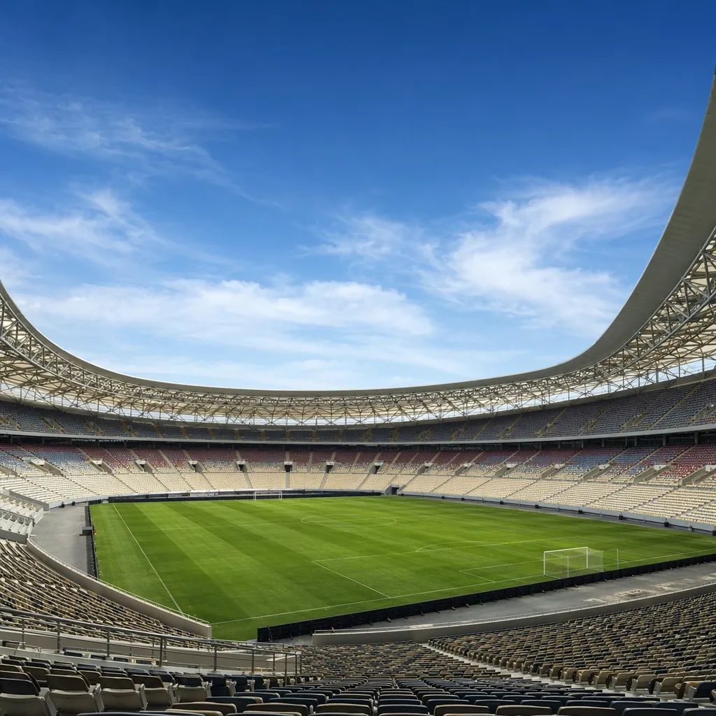 Wide shot of a modern world cup football stadium with empty seats, blue sky back