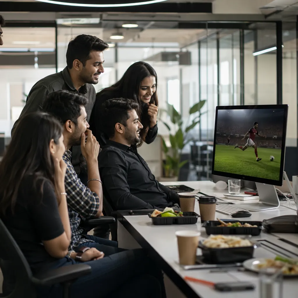 A group of young office workers watching football match highlights on a computer