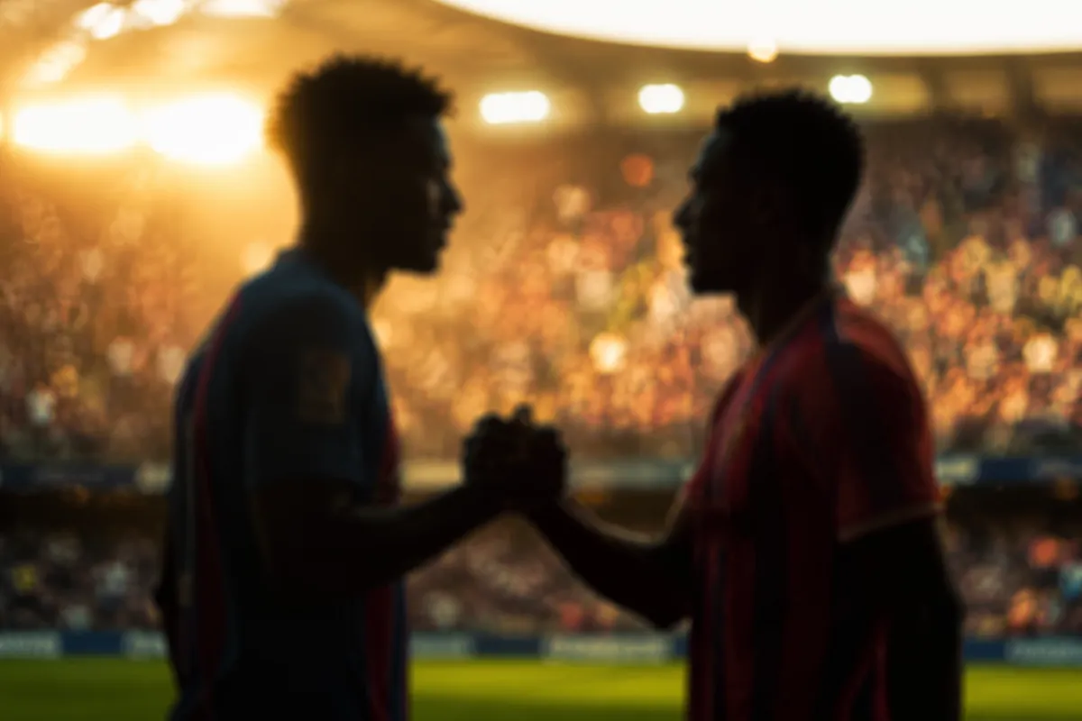 Professional sports news header image, blurred silhouette of two football players greeting